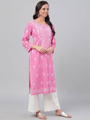 Hand embroidered onion pink cotton lucknowi chikankari straight kurta 4