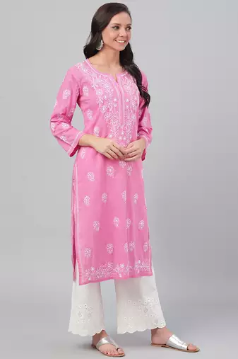 Hand embroidered onion pink cotton lucknowi chikankari straight kurta