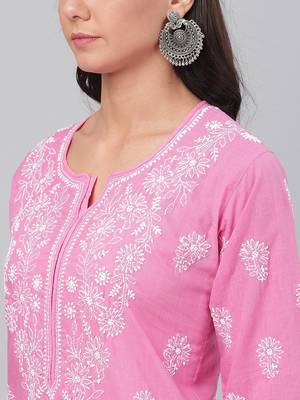 Hand embroidered onion pink cotton lucknowi chikankari straight kurta 5