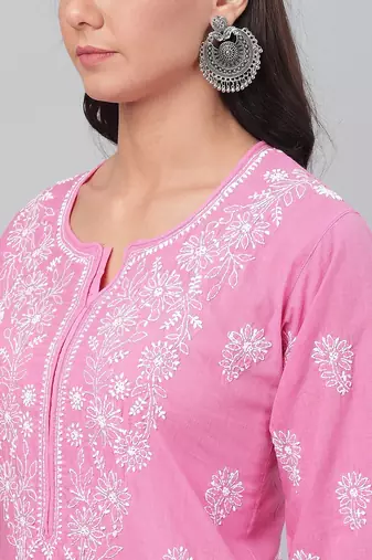 Hand embroidered onion pink cotton lucknowi chikankari straight kurta