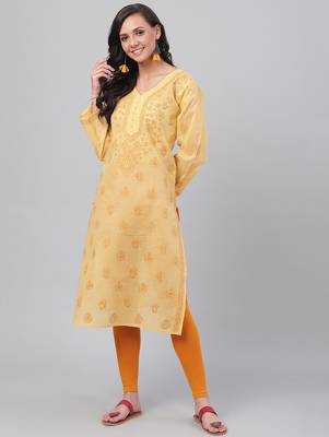 Hand embroidered fawn cotton lucknowi chikankari straight kurta 1