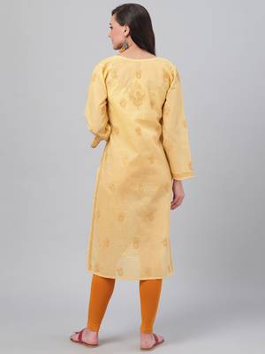 Hand embroidered fawn cotton lucknowi chikankari straight kurta 2