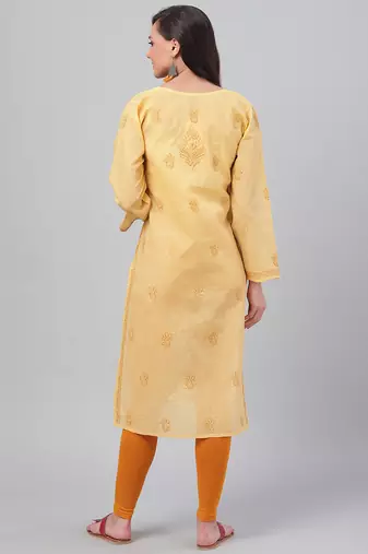 Hand embroidered fawn cotton lucknowi chikankari straight kurta