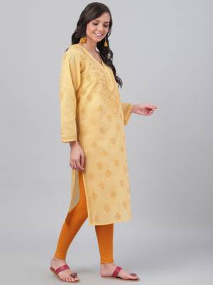 Hand embroidered fawn cotton lucknowi chikankari straight kurta 3