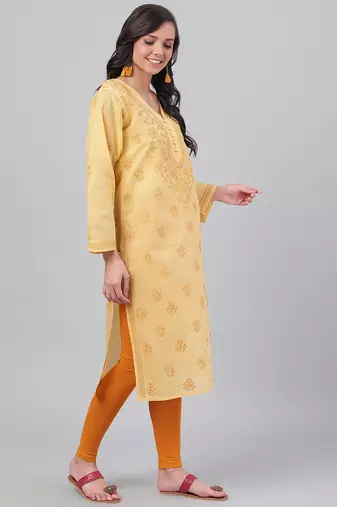 Hand embroidered fawn cotton lucknowi chikankari straight kurta