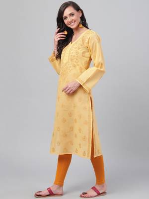 Hand embroidered fawn cotton lucknowi chikankari straight kurta 4