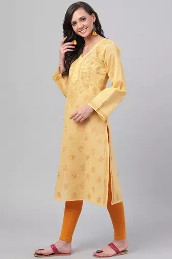 Hand embroidered fawn cotton lucknowi chikankari straight kurta