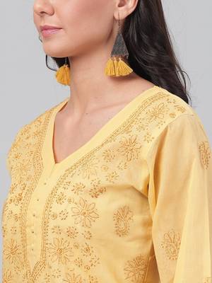 Hand embroidered fawn cotton lucknowi chikankari straight kurta 5