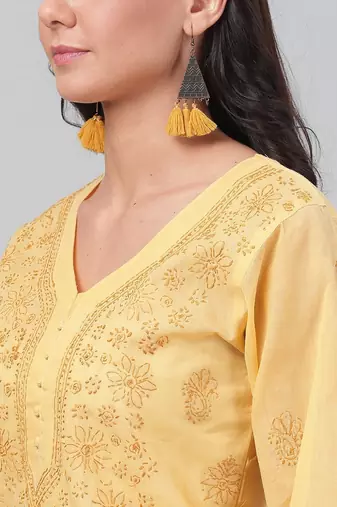 Hand embroidered fawn cotton lucknowi chikankari straight kurta