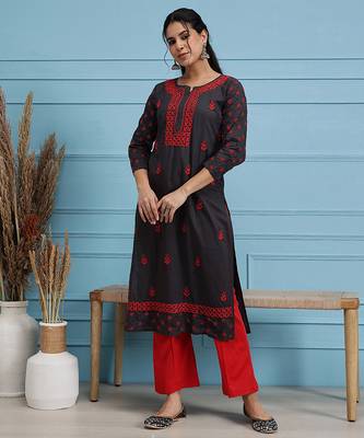 Hand embroidered grey cotton lucknowi chikankari straight kurta 1