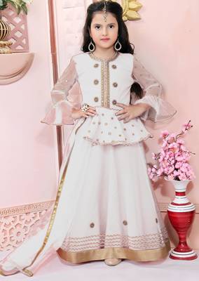 White embroidered net a line lehenga choli dupatta 1