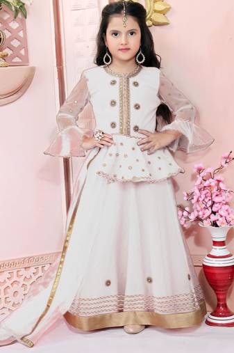 White embroidered net a line lehenga choli dupatta