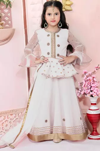 White embroidered net a line lehenga choli dupatta