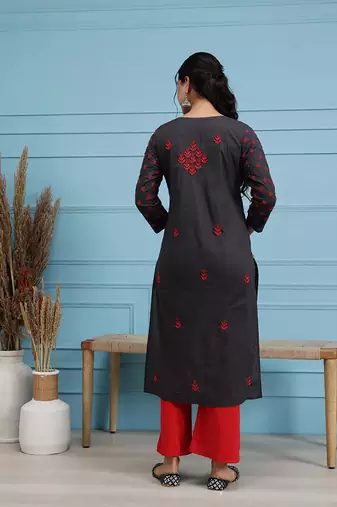 Hand embroidered grey cotton lucknowi chikankari straight kurta