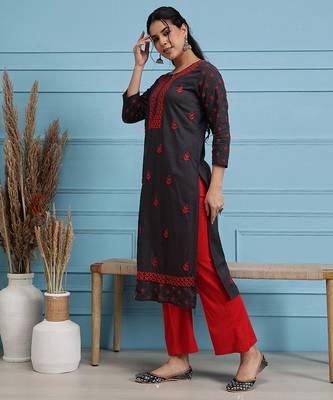 Hand embroidered grey cotton lucknowi chikankari straight kurta 3