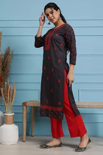 Hand embroidered grey cotton lucknowi chikankari straight kurta
