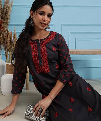 Hand embroidered grey cotton lucknowi chikankari straight kurta 4