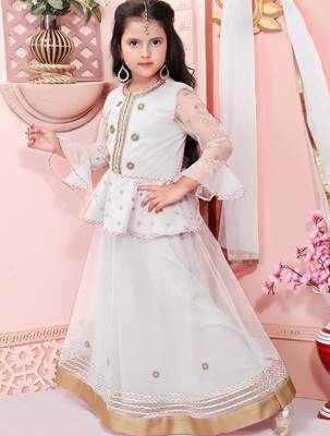 White embroidered net a line lehenga choli dupatta 2