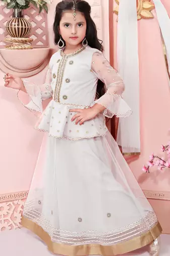 White embroidered net a line lehenga choli dupatta