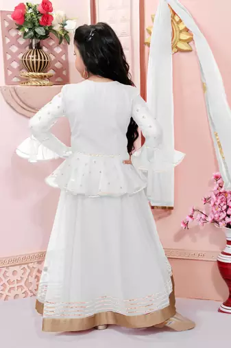 White embroidered net a line lehenga choli dupatta