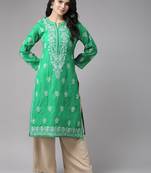 Hand embroidered bottle green cotton lucknowi chikankari straight kurta
