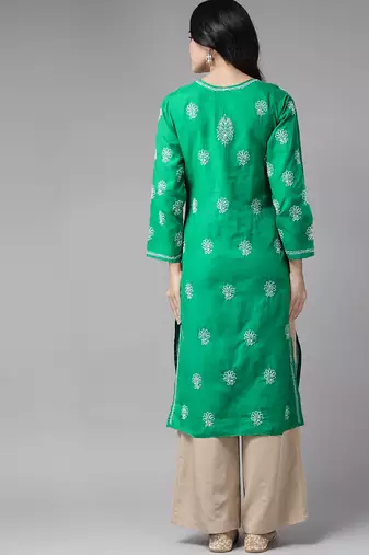 Hand embroidered bottle green cotton lucknowi chikankari straight kurta