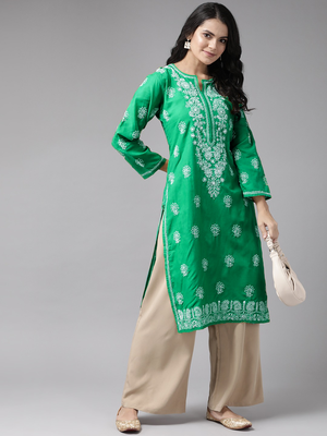 Hand embroidered bottle green cotton lucknowi chikankari straight kurta 3