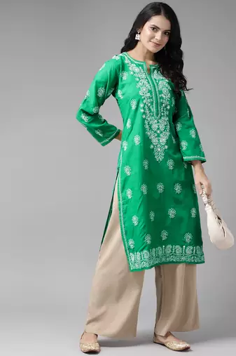 Hand embroidered bottle green cotton lucknowi chikankari straight kurta