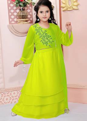 Lime green embroidered cotton silk a line lehenga choli dupatta 1