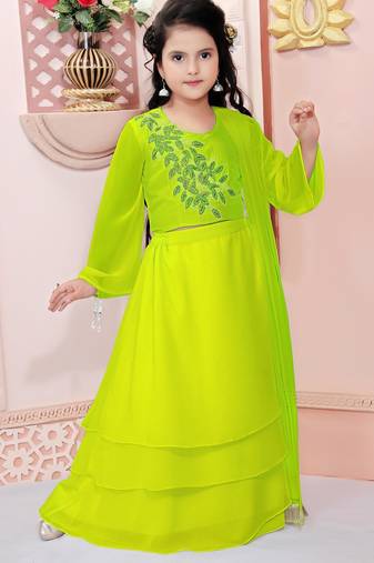 Lime green embroidered cotton silk a line lehenga choli dupatta