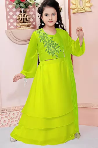 Lime green embroidered cotton silk a line lehenga choli dupatta