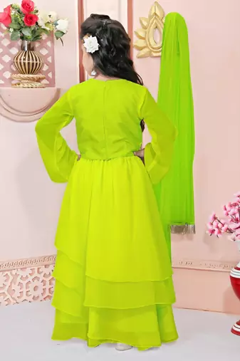 Lime green embroidered cotton silk a line lehenga choli dupatta