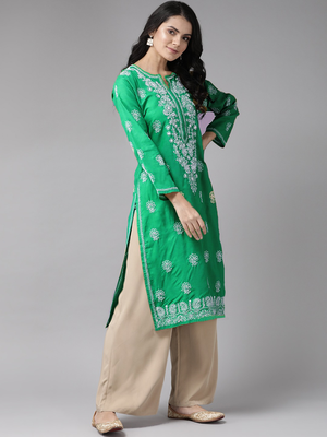 Hand embroidered bottle green cotton lucknowi chikankari straight kurta 4
