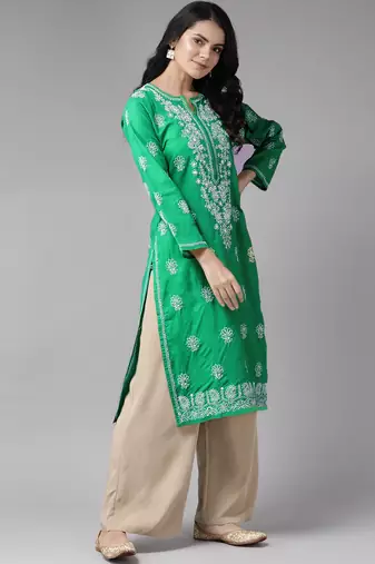 Hand embroidered bottle green cotton lucknowi chikankari straight kurta