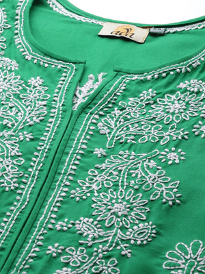Hand embroidered bottle green cotton lucknowi chikankari straight kurta 5