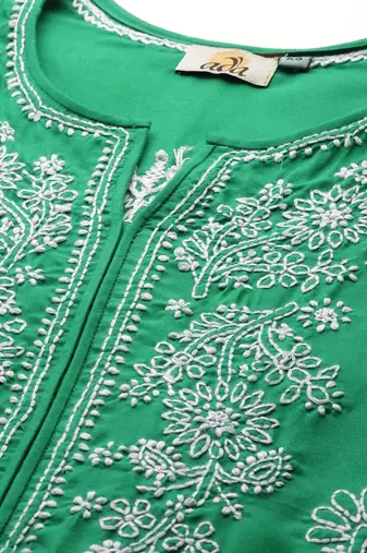 Hand embroidered bottle green cotton lucknowi chikankari straight kurta