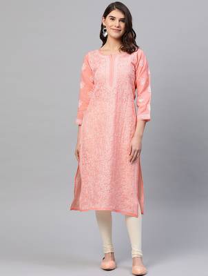 Hand embroidered peach cotton lucknow chikankari straight kurta 1
