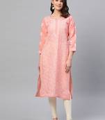 Hand embroidered peach cotton lucknow chikankari straight kurta