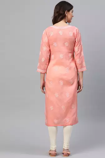 Hand embroidered peach cotton lucknow chikankari straight kurta