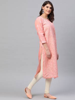 Hand embroidered peach cotton lucknow chikankari straight kurta 3