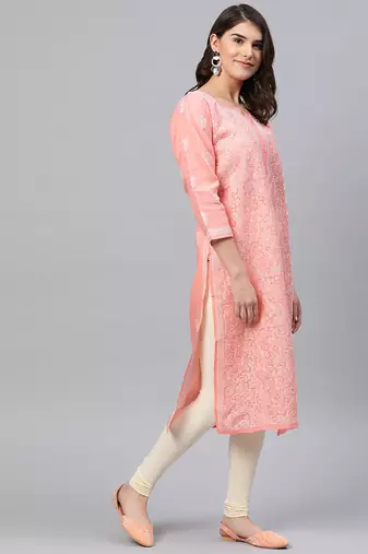 Hand embroidered peach cotton lucknow chikankari straight kurta