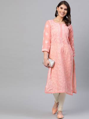 Hand embroidered peach cotton lucknow chikankari straight kurta 4