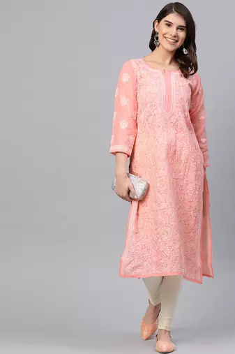 Hand embroidered peach cotton lucknow chikankari straight kurta
