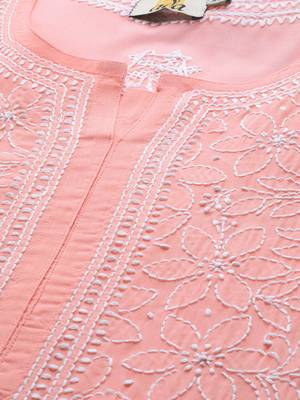 Hand embroidered peach cotton lucknow chikankari straight kurta 5