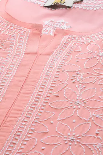 Hand embroidered peach cotton lucknow chikankari straight kurta