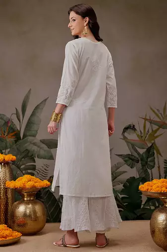 Hand embroidered white cotton lucknowi chikankari straight kurta