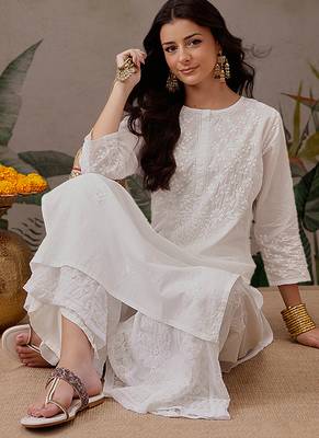 Hand embroidered white cotton lucknowi chikankari straight kurta 5