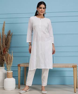 Hand embroidered white cotton lucknowi chikankari straight kurta 1