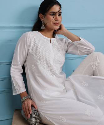 Hand embroidered white cotton lucknowi chikankari straight kurta 5