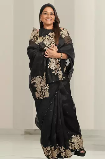 Black Color Jimmy Choo Floral Hand Embroidery Saree